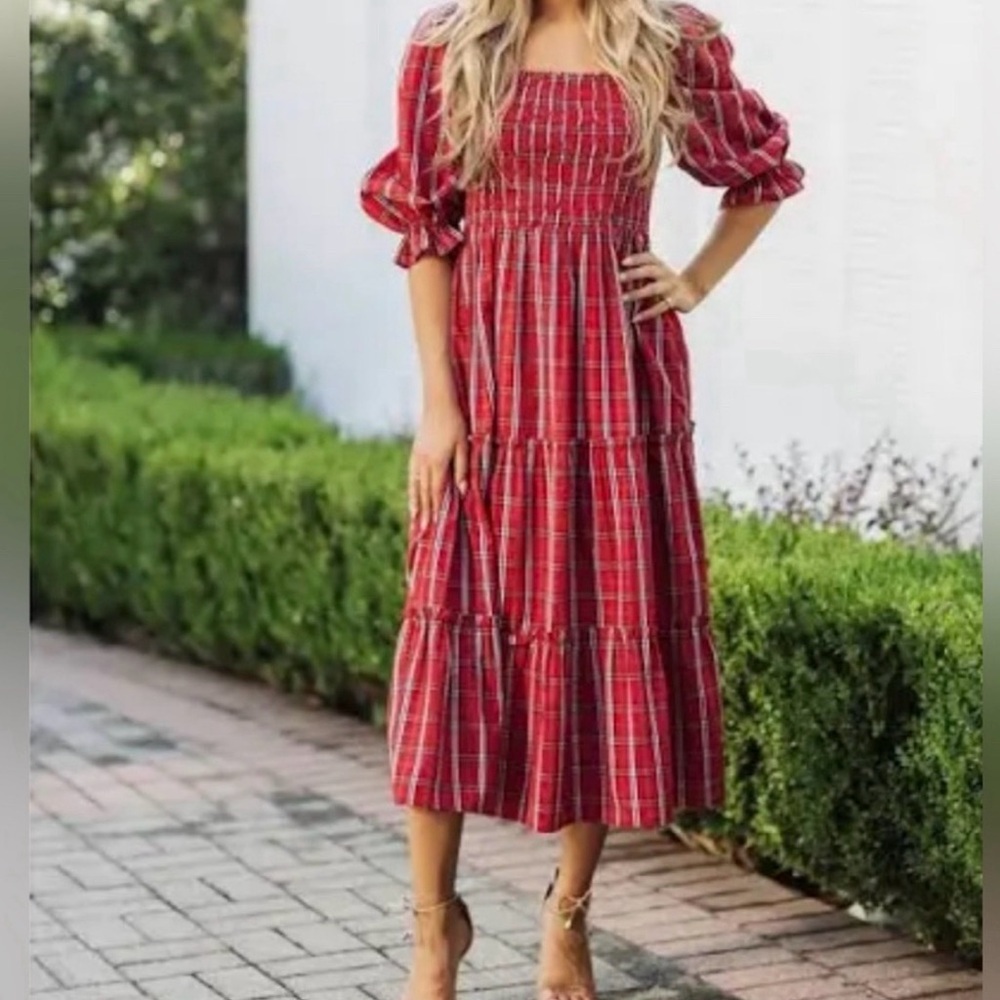 J. Marie Elegant Red Plaid Midi Dress, NWT